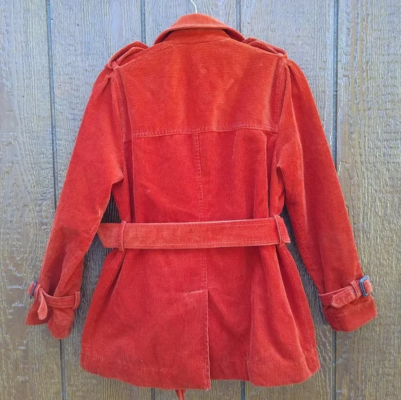 L.L. Bean Burnt Orange Corduroy Belted Trench Coat Pea Coat Size XS Petite - Picture 6 of 15